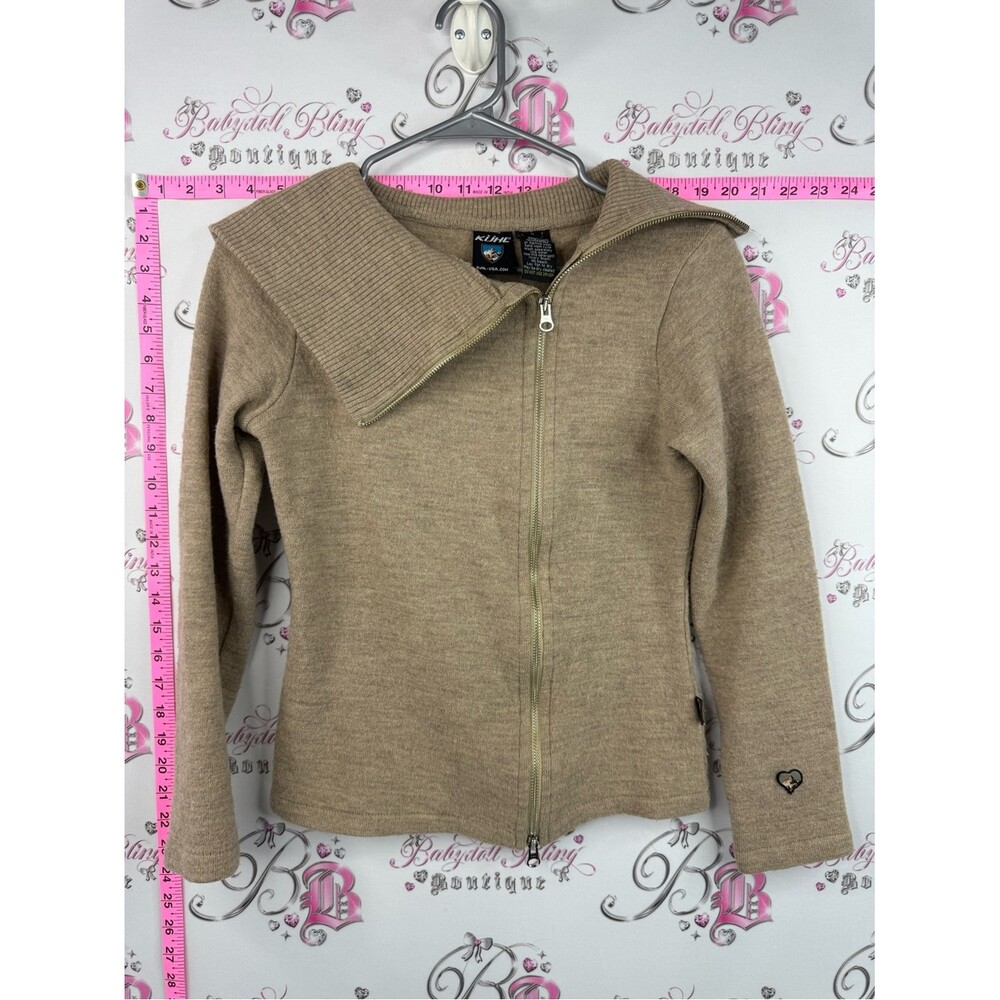 Kuhl Merino wool sweater brown Tan Zip-Up Knit Jacket with Fold-Over Collar